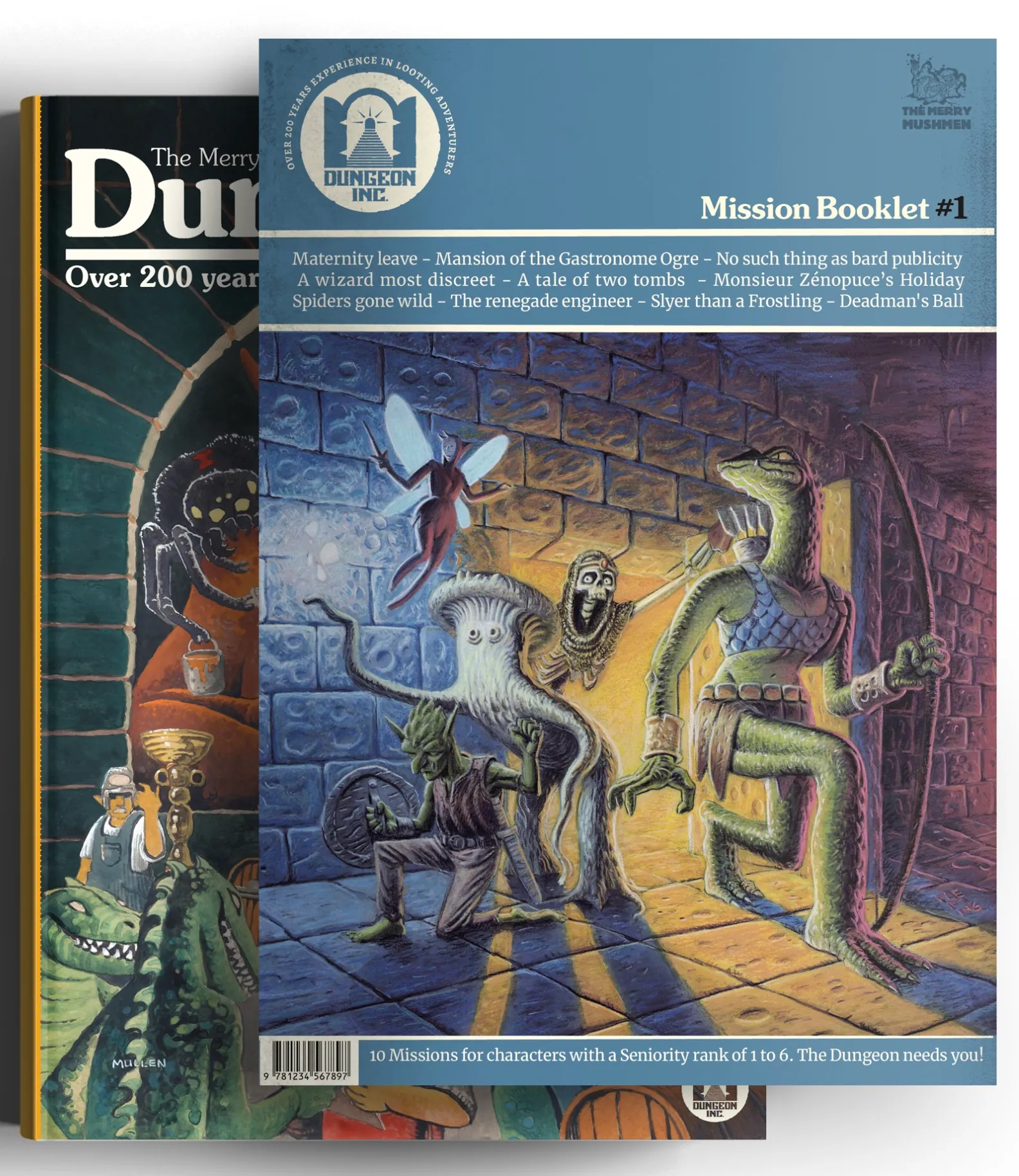 Dungeon Inc. books and handouts spread out on a table