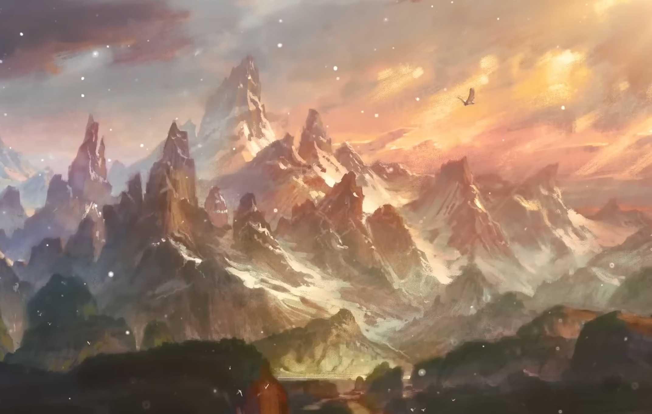 Snowy Greyhawk mountains beneath a glowing sky