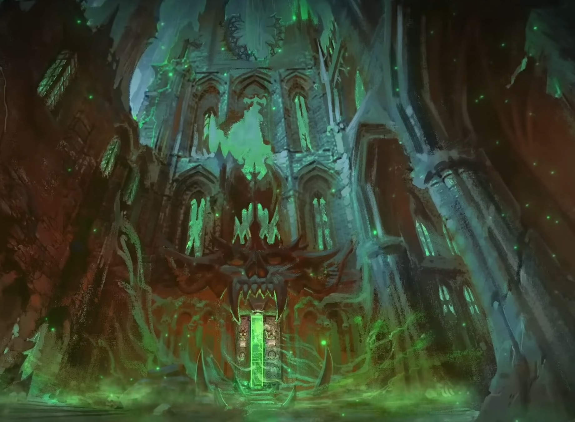 A ruined green-lit castle in Greyhawk