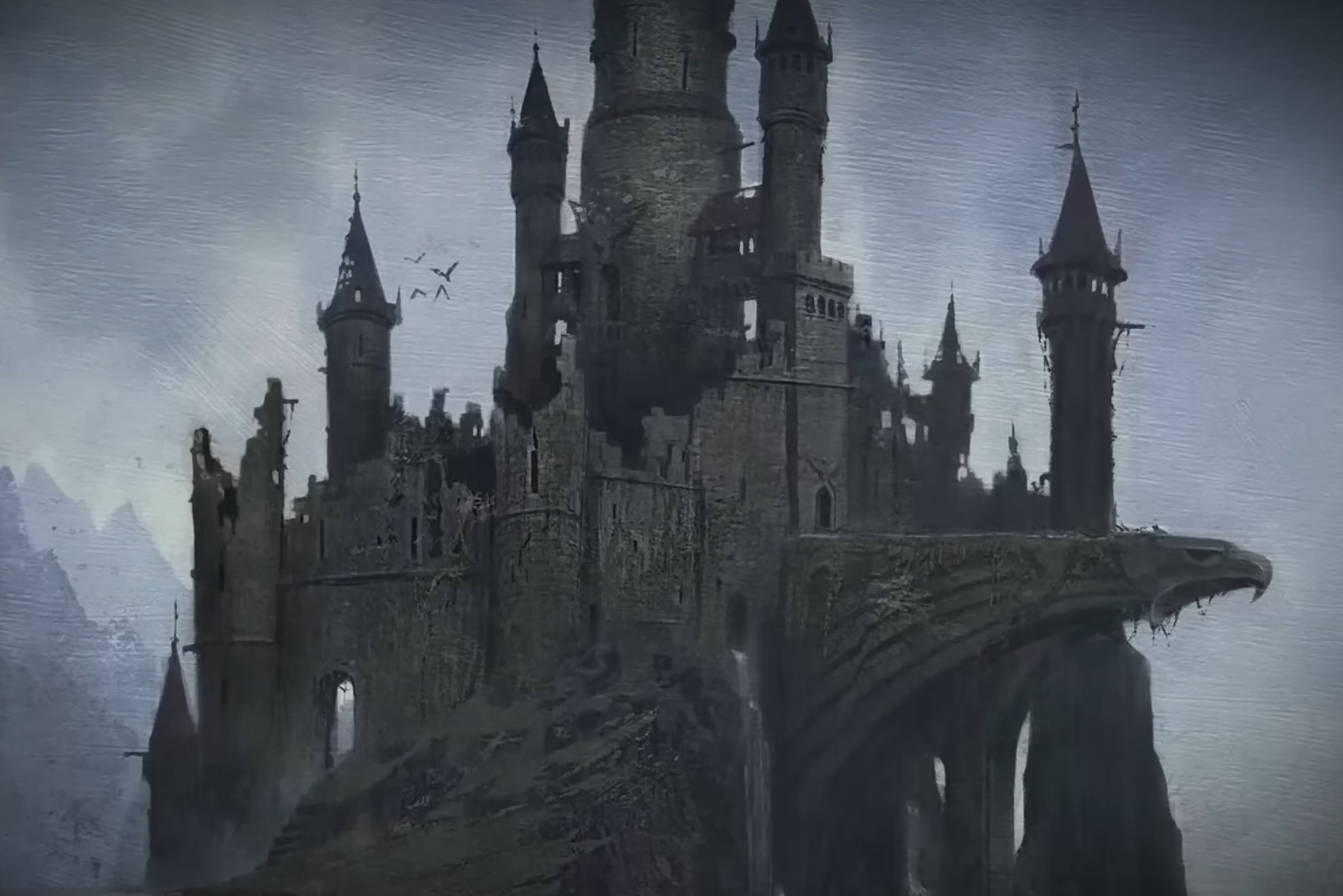 A dark castle standing on a cliff in Greyhawk